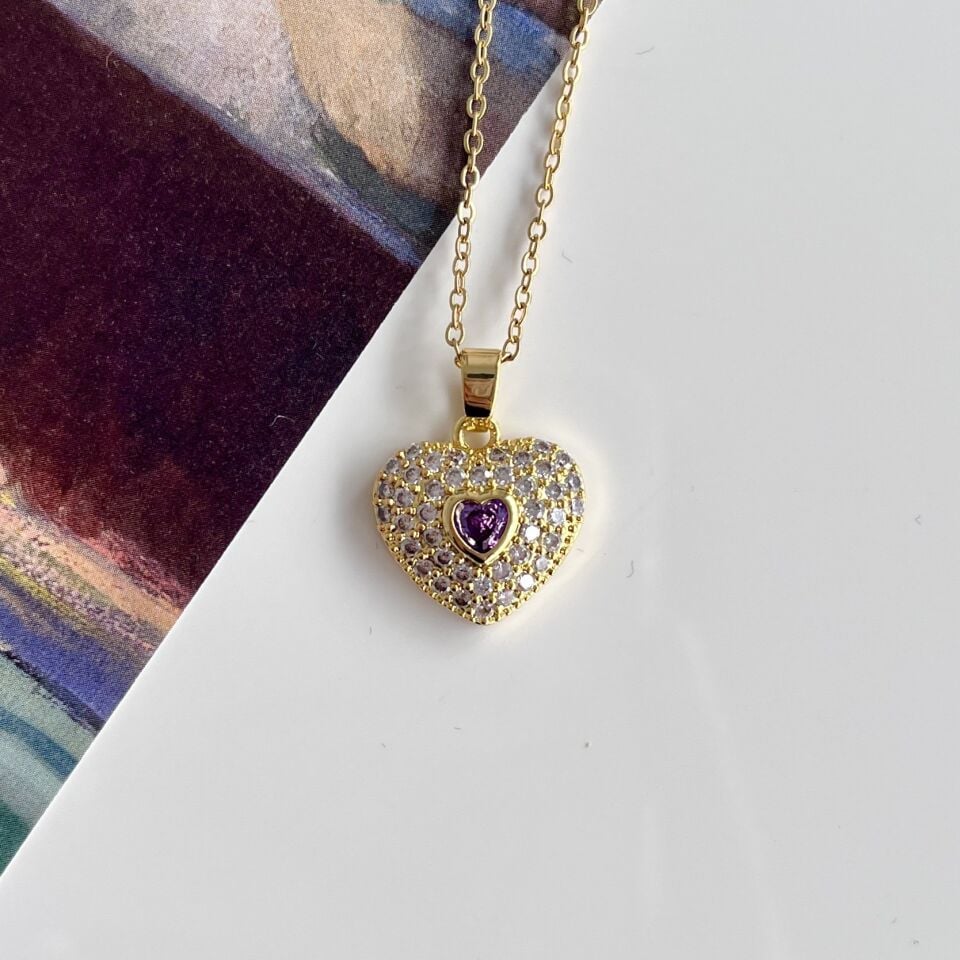 Çelik Mor Kalpli Zirkon Kolye
