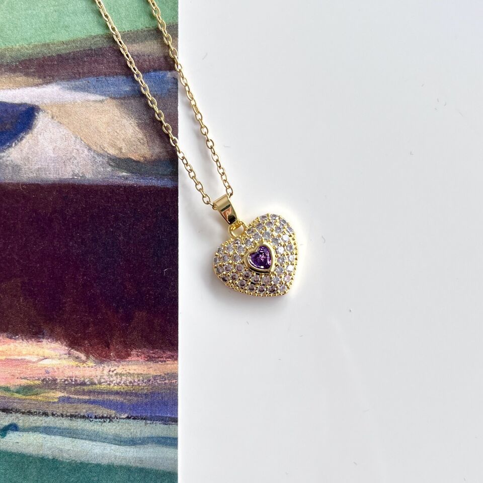 Çelik Mor Kalpli Zirkon Kolye
