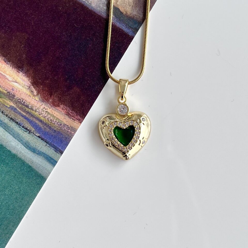 Çelik Zirkon Yeşil Kalp Kolye