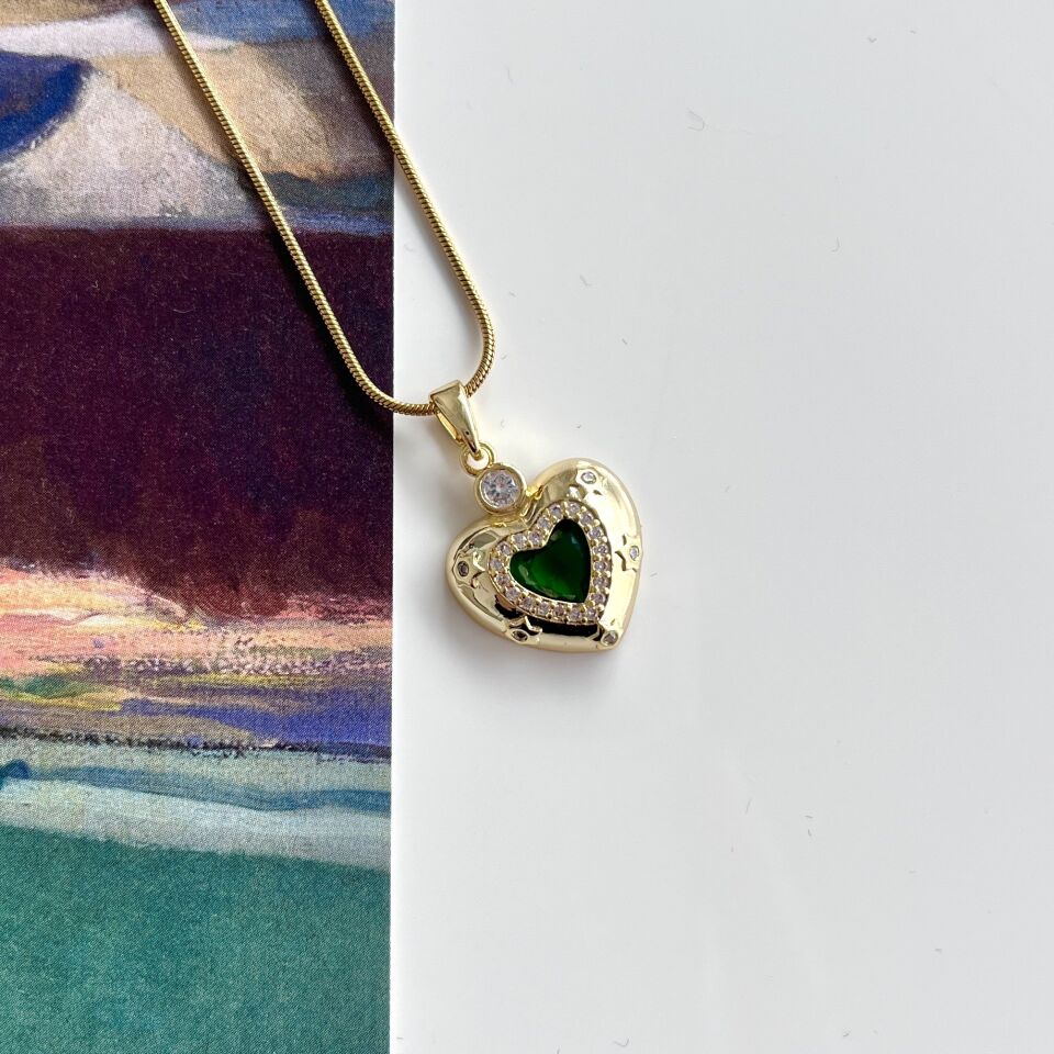 Çelik Zirkon Yeşil Kalp Kolye