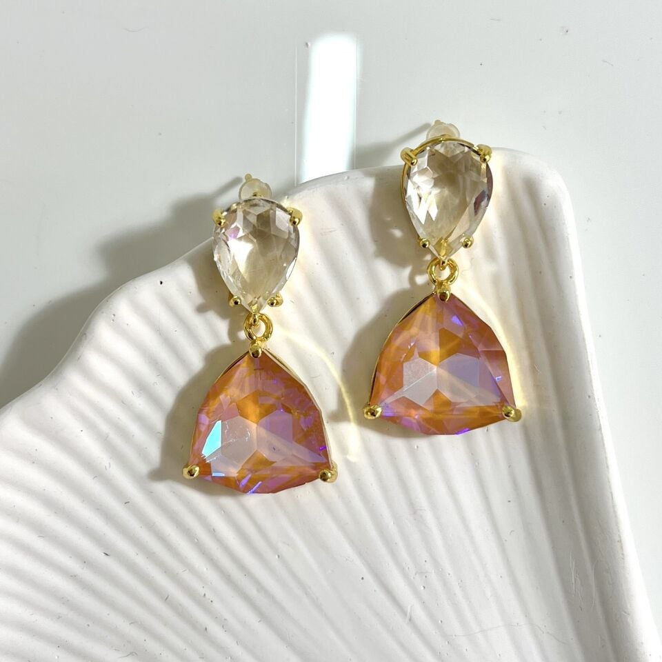 Çelik Alacalı Turuncu Kristal Küpe