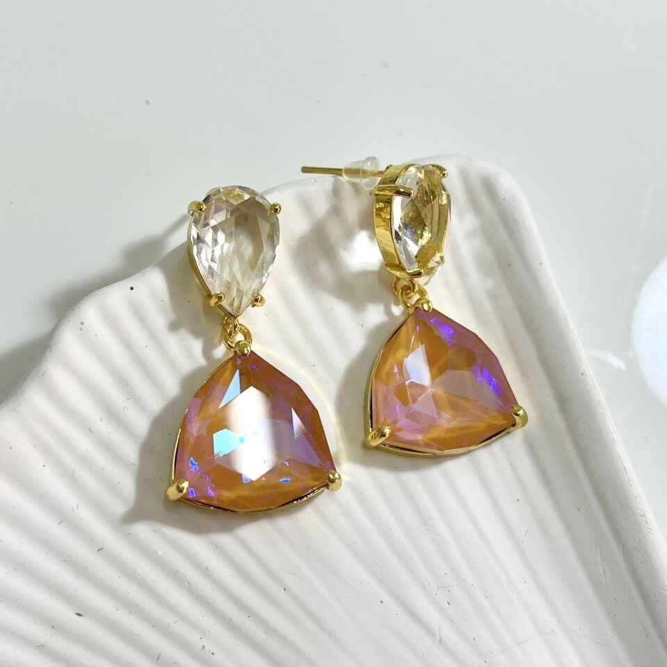 Çelik Alacalı Turuncu Kristal Küpe