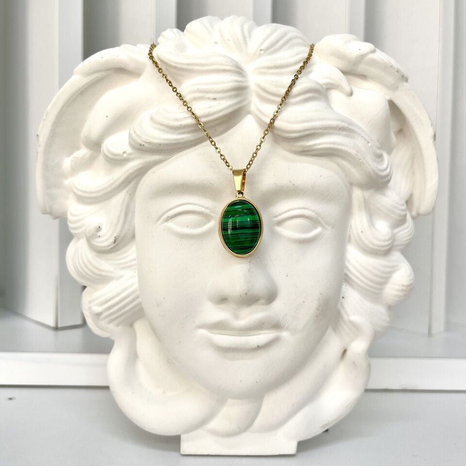 Çelik Malahit Taşı Oval Kolye