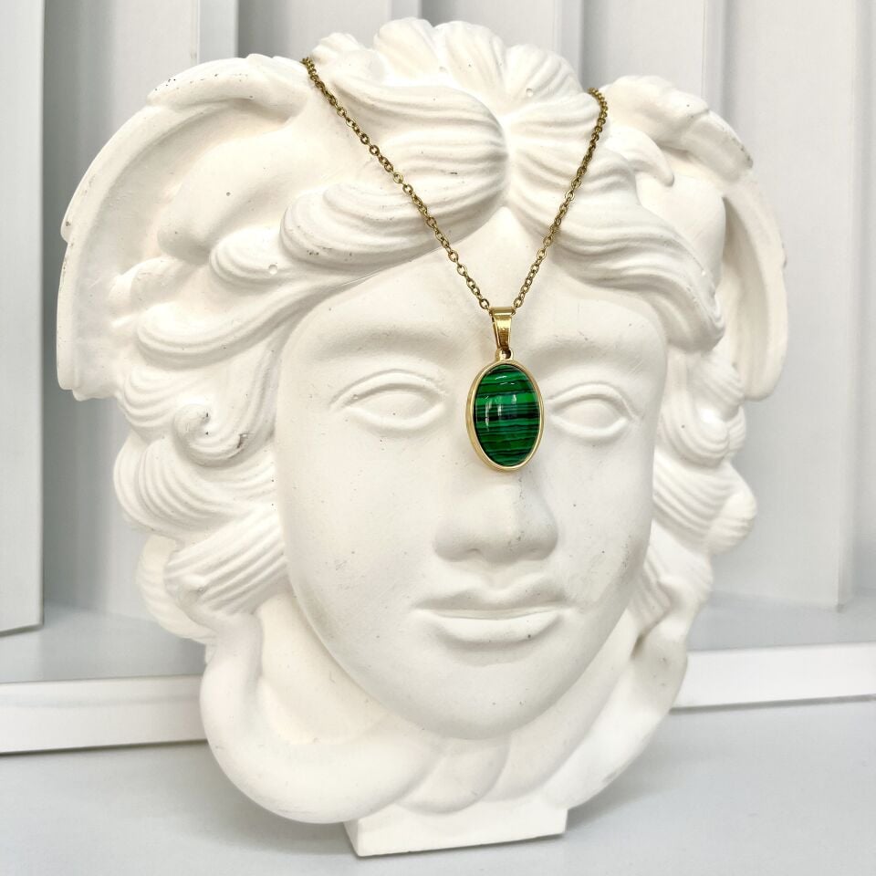 Çelik Malahit Taşı Oval Kolye