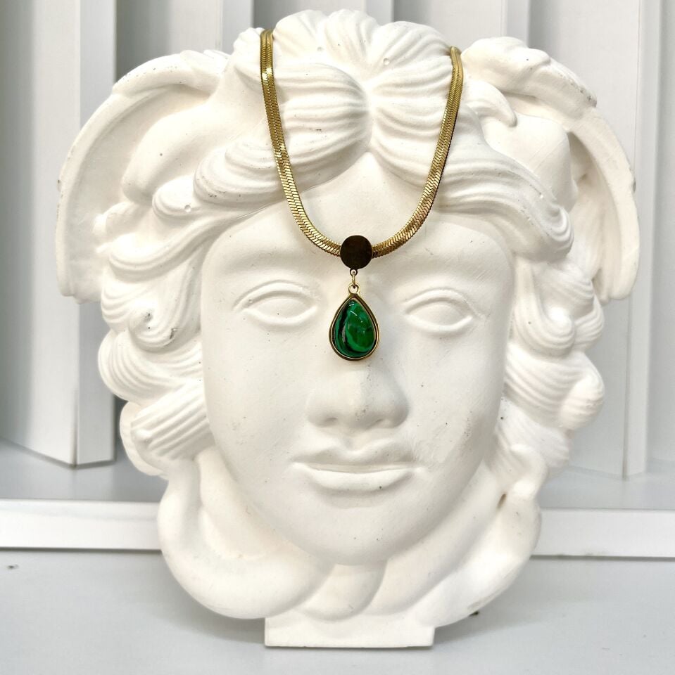 Çelik Malahit Taşı Damla Kolye