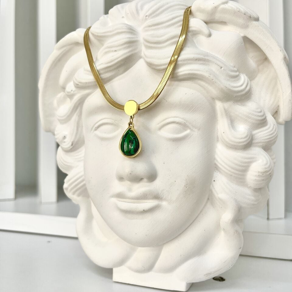 Çelik Malahit Taşı Damla Kolye