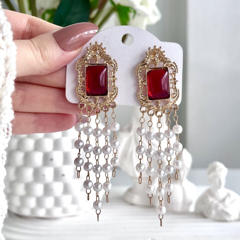 İthal İnci Sallantılı Bordo Küpe