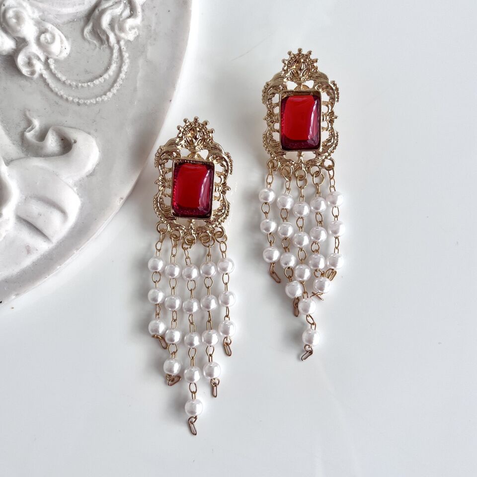 İthal İnci Sallantılı Bordo Küpe