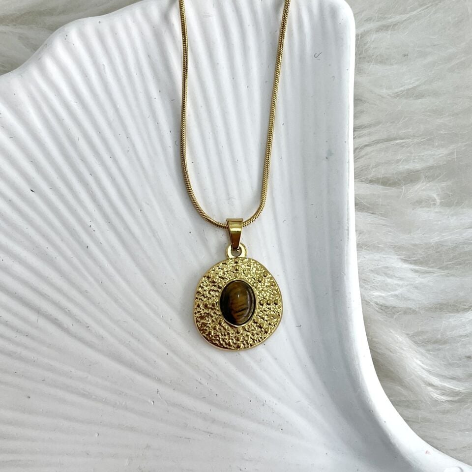 Çelik Kaplan Gözü Taşı Kolye