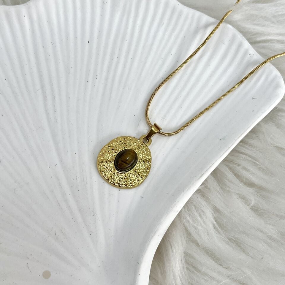 Çelik Kaplan Gözü Taşı Kolye