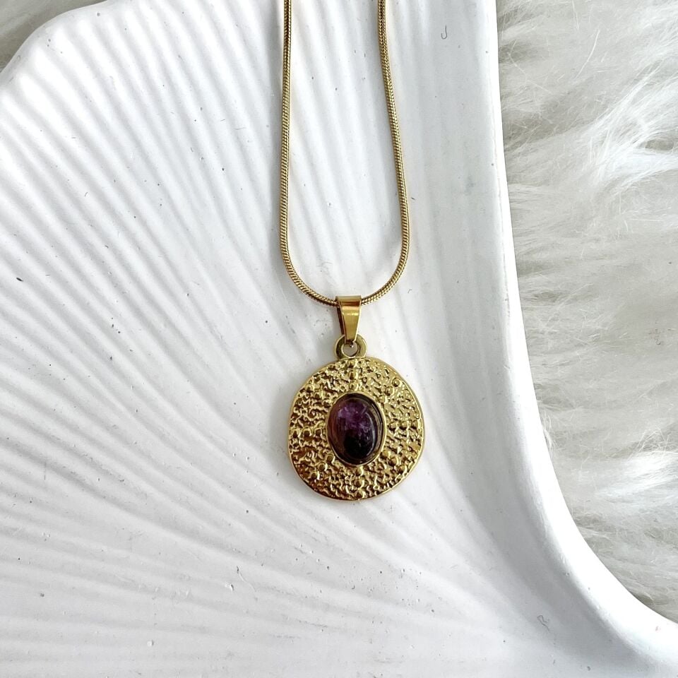 Çelik Ametist Taşı Kolye