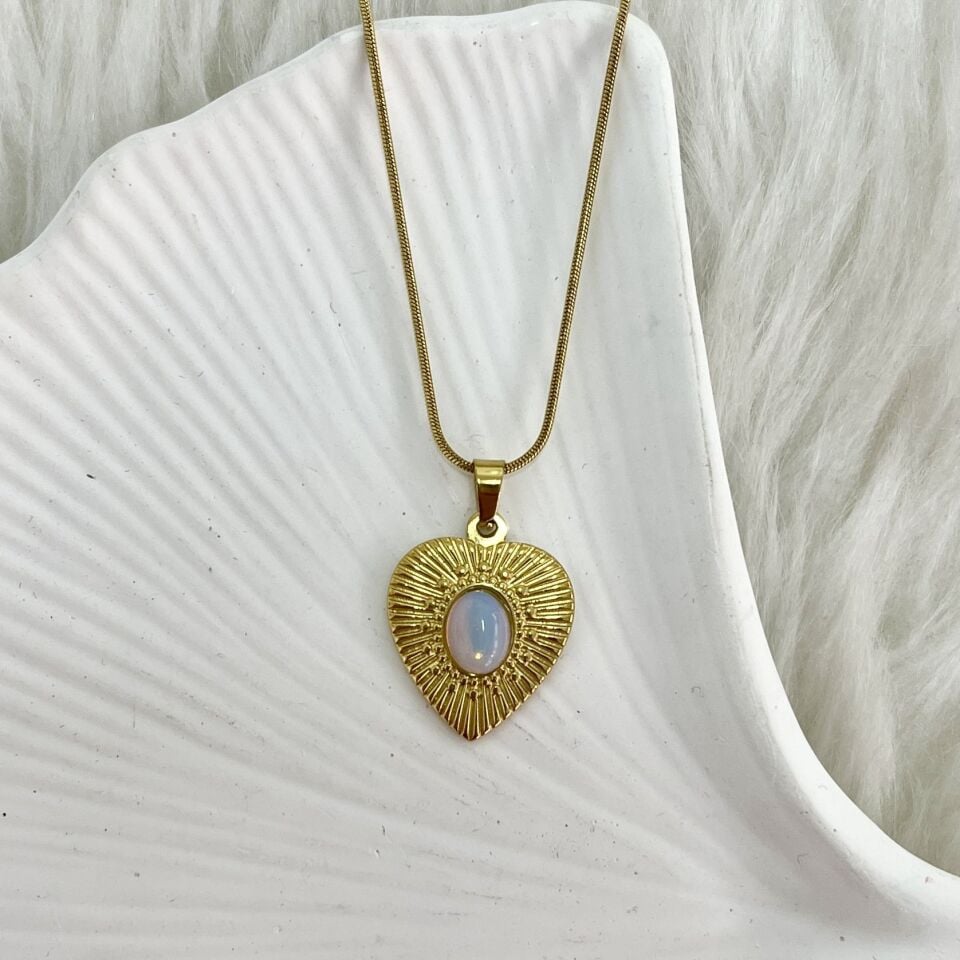 Çelik Ay Taşı Kalp Kolye