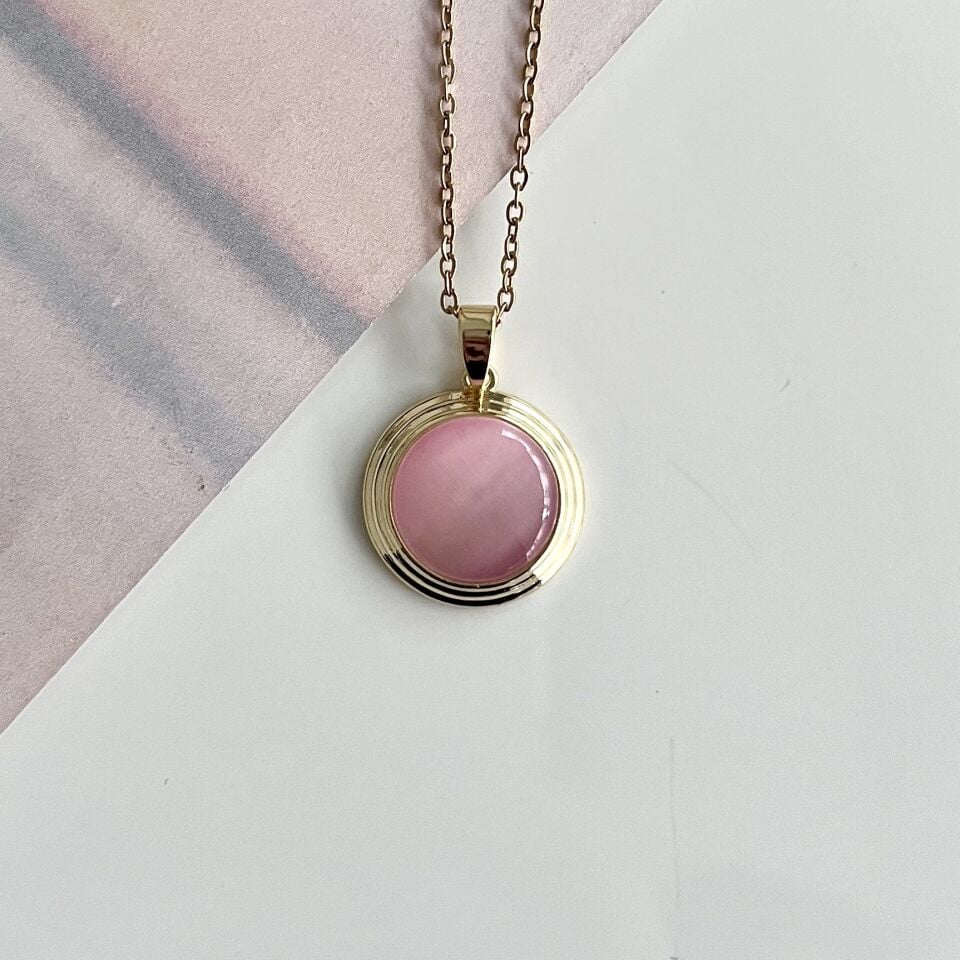 Çelik Pembe Kedi Gözü Kolye