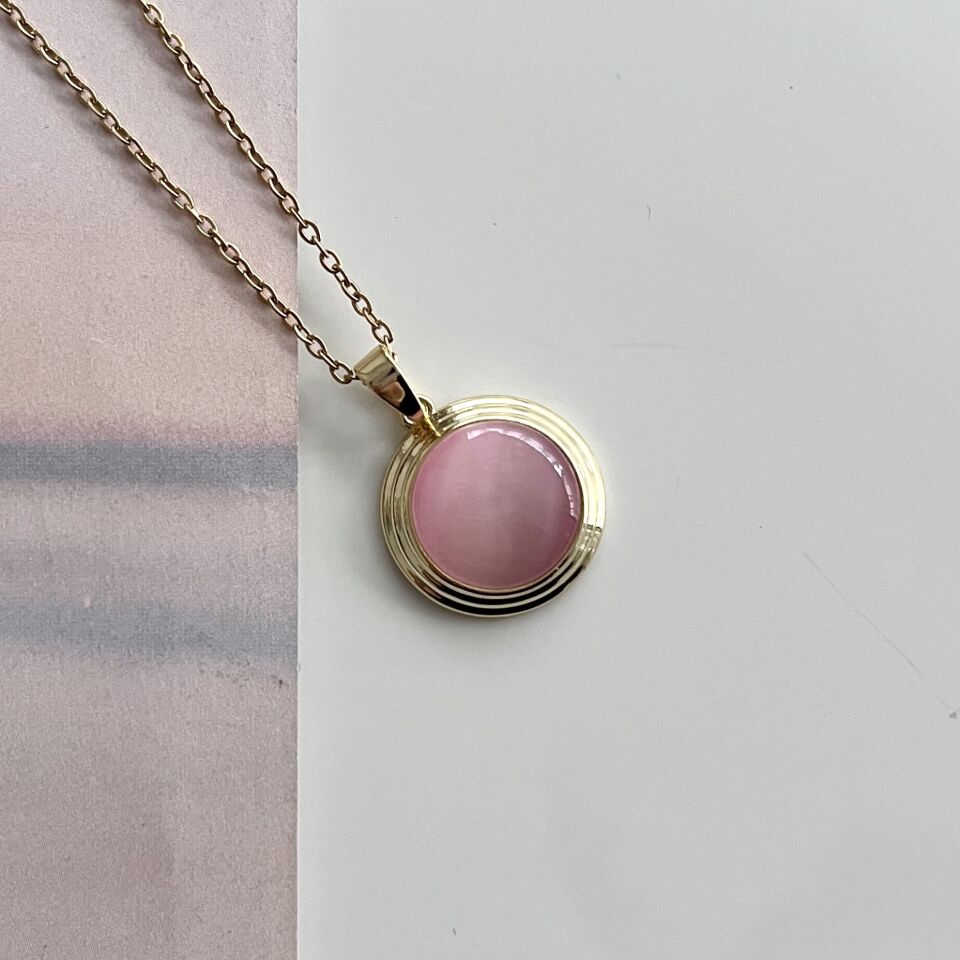 Çelik Pembe Kedi Gözü Kolye