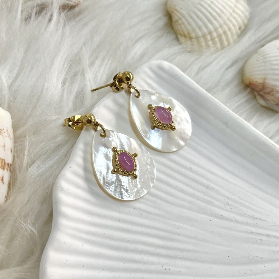 Çelik Sedef Taşı Pembe Küpe