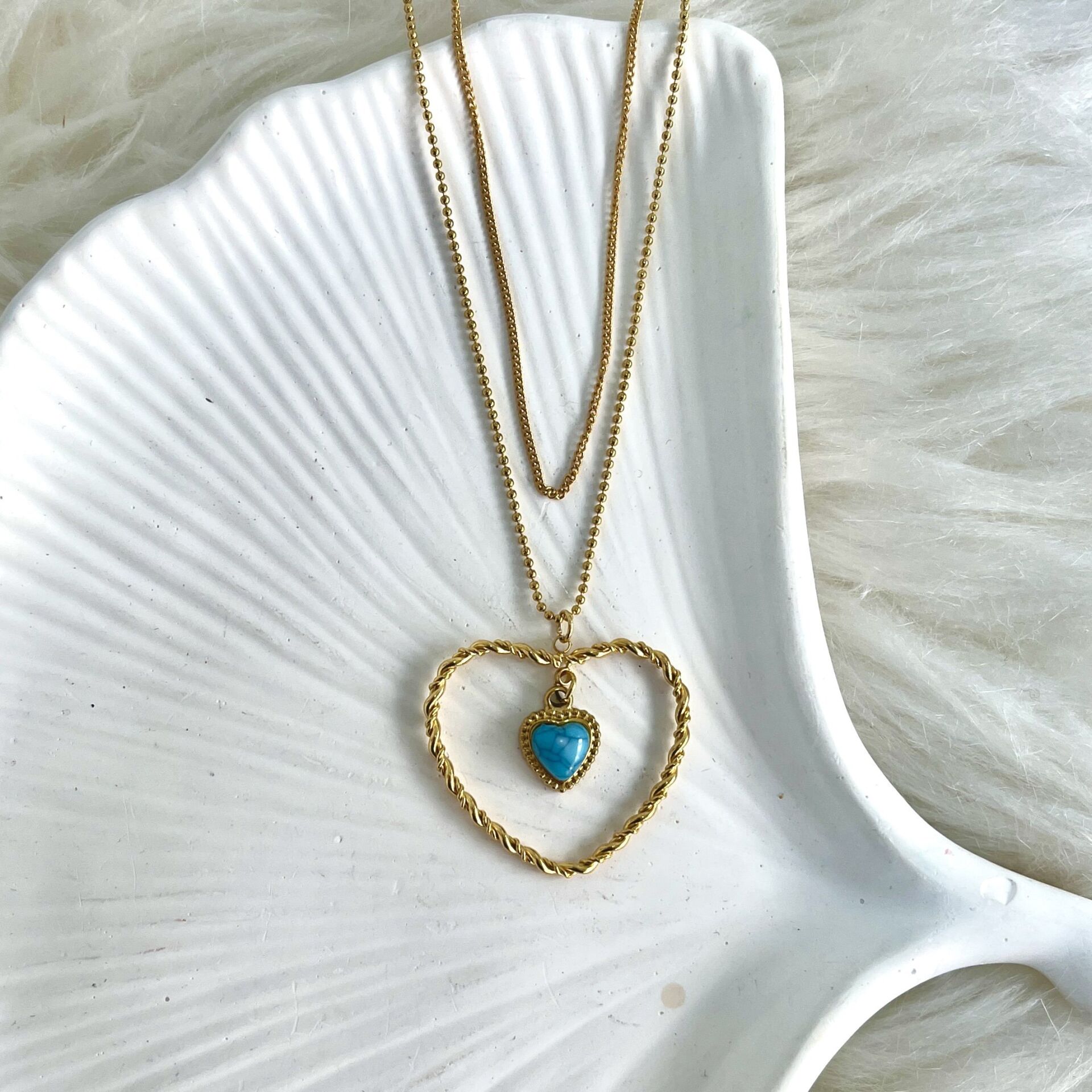 Çelik Turkuaz Taşı İkili Kalp Kolye