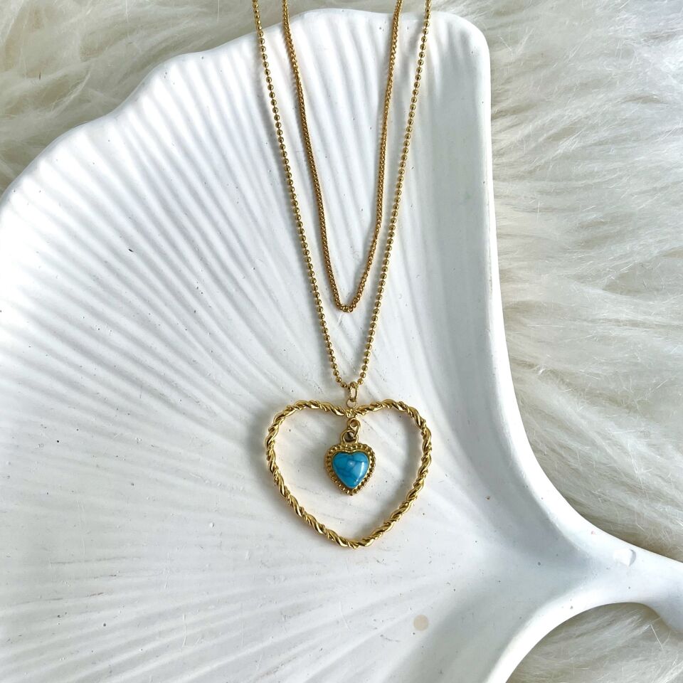 Çelik Turkuaz Taşı İkili Kalp Kolye