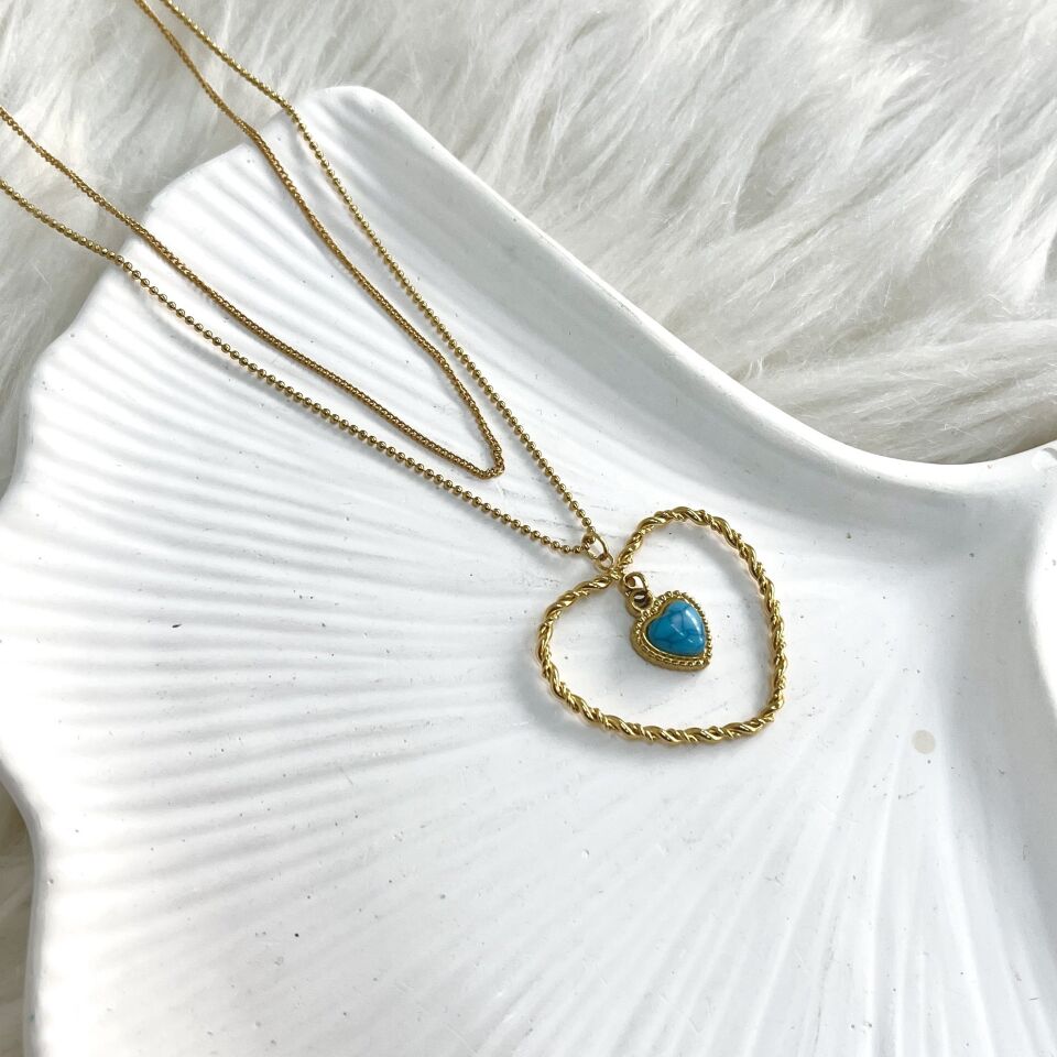 Çelik Turkuaz Taşı İkili Kalp Kolye