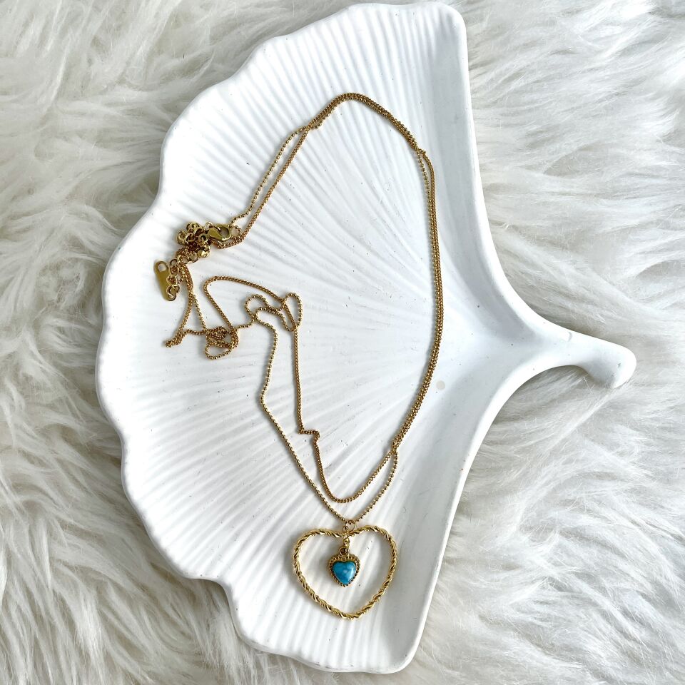 Çelik Turkuaz Taşı İkili Kalp Kolye