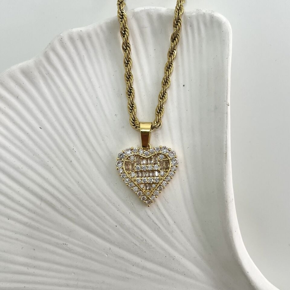 Çelik Zirkon Taşlı Kalp Kolye (Uzun Boy)