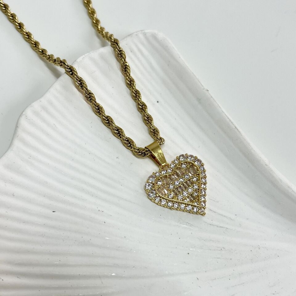 Çelik Zirkon Taşlı Kalp Kolye (Uzun Boy)