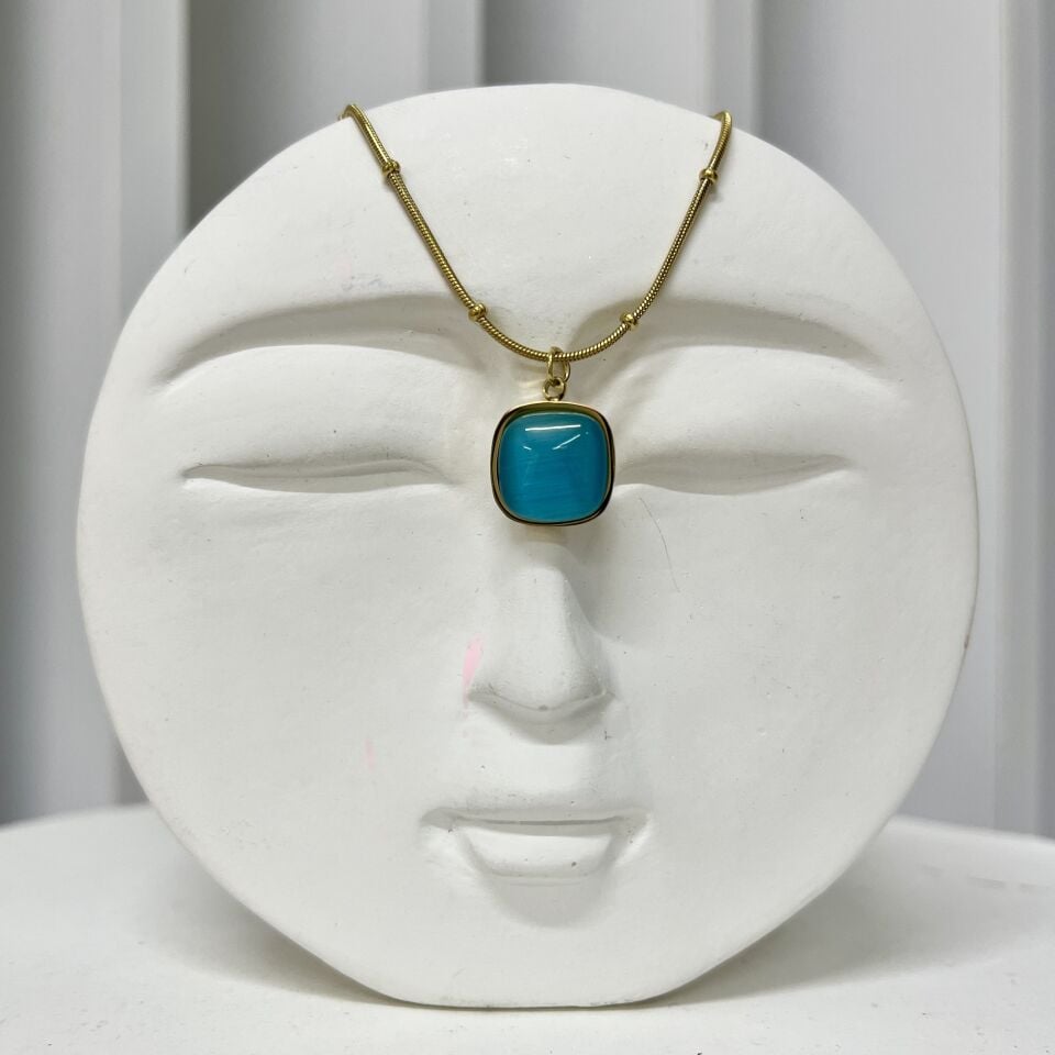 Çelik Kedi Gözü Taşı Mavi Kolye