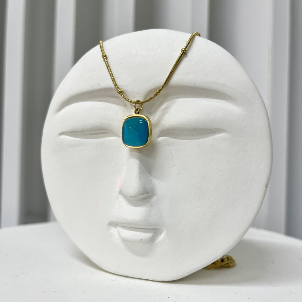 Çelik Kedi Gözü Taşı Mavi Kolye