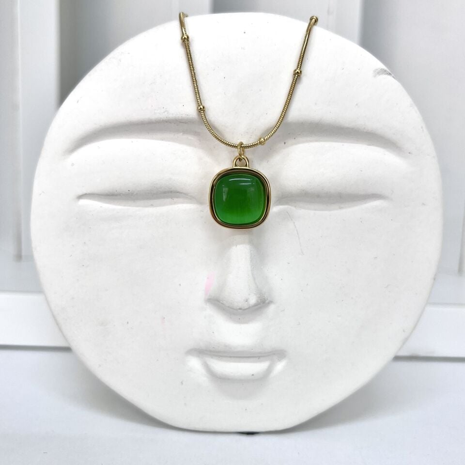 Çelik Kedi Gözü Taşı Yeşil Kolye