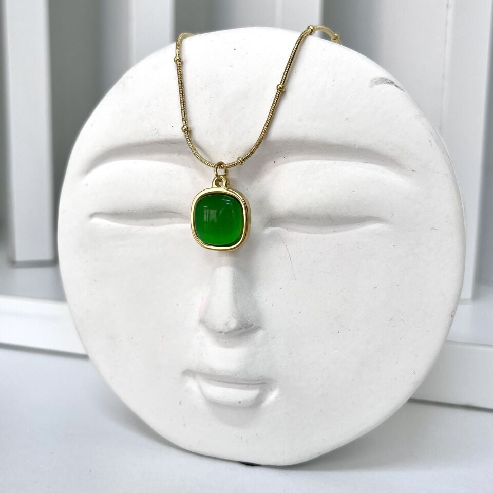 Çelik Kedi Gözü Taşı Yeşil Kolye