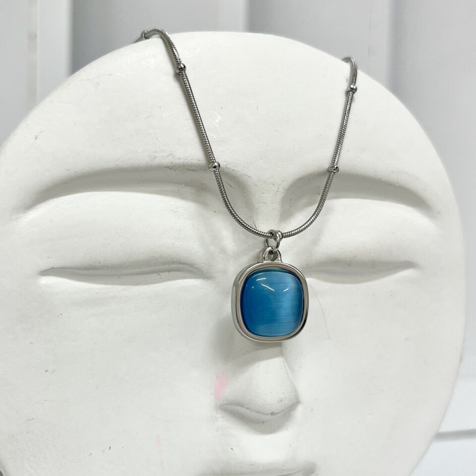 Çelik Kedi Gözü Taşı Mavi Kolye