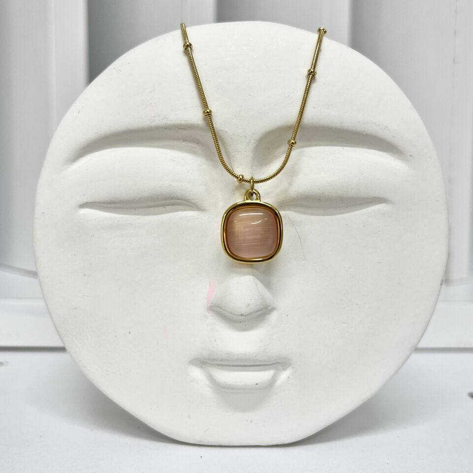 Çelik Kedi Gözü Gül Kurusu Kolye