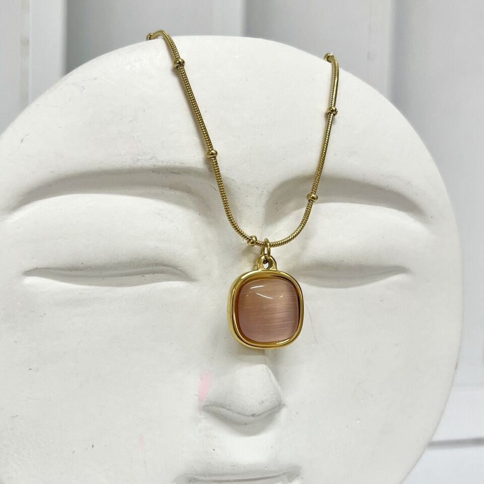 Çelik Kedi Gözü Gül Kurusu Kolye