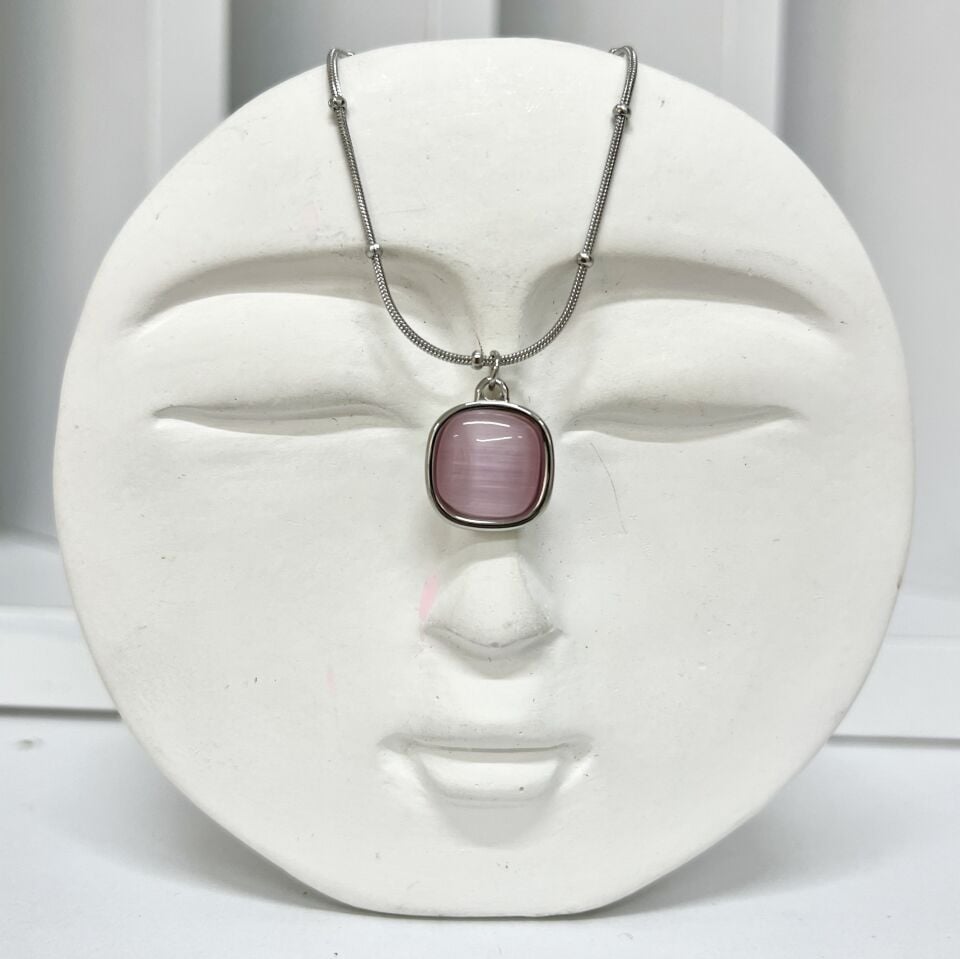 Çelik Kedi Gözü Taşı Pembe Kolye