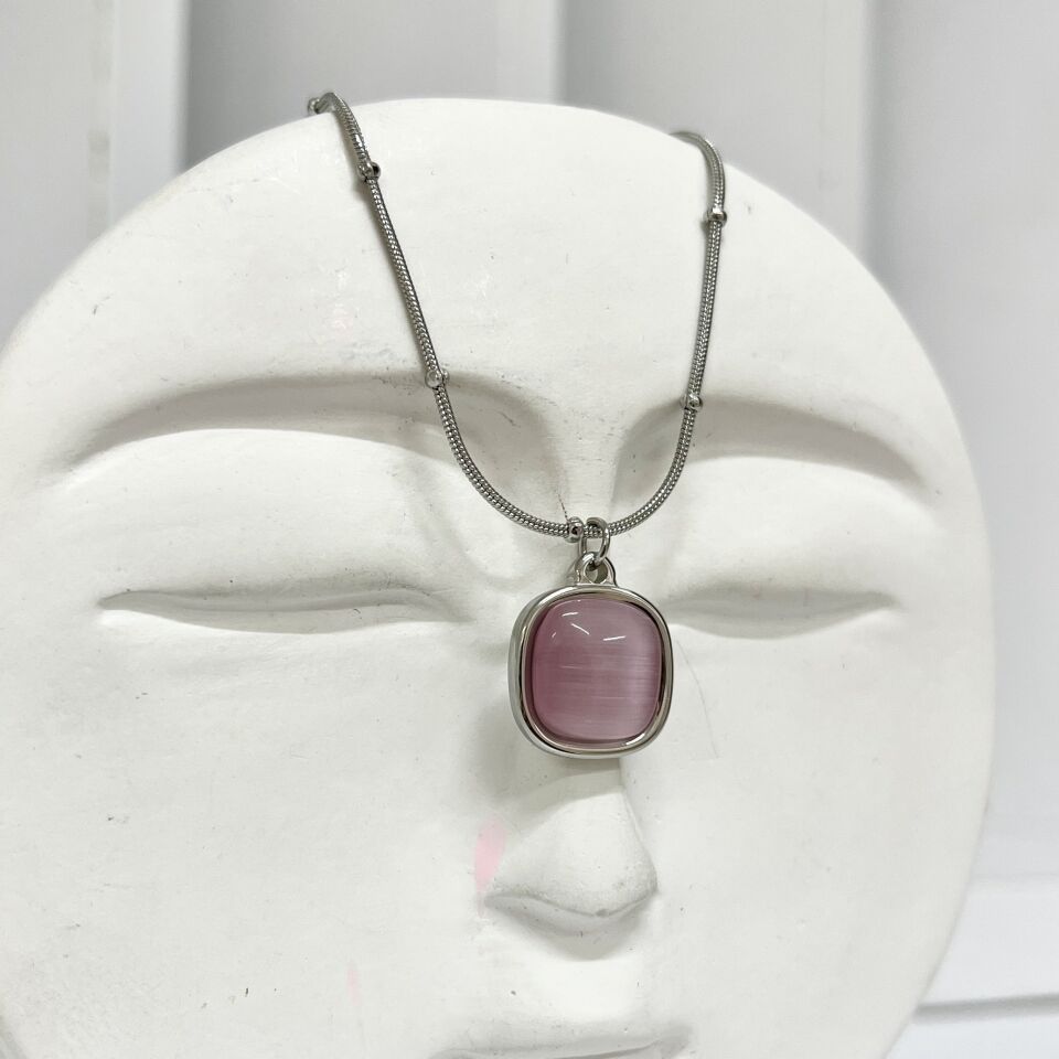 Çelik Kedi Gözü Taşı Pembe Kolye