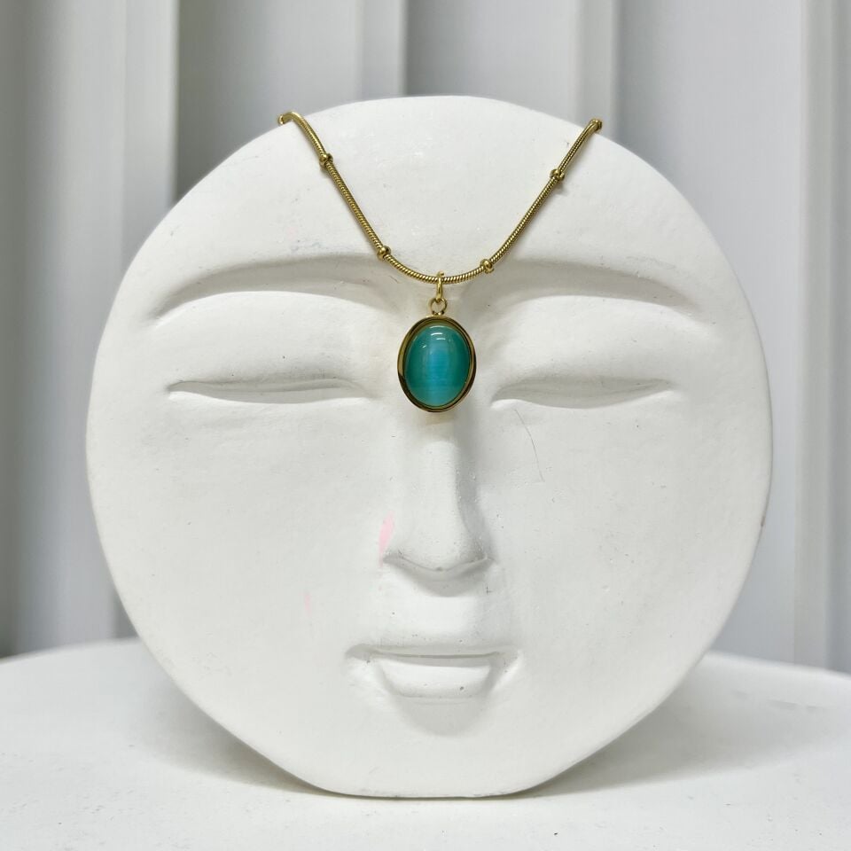 Çelik Kedi Gözü Oval Mavi Kolye