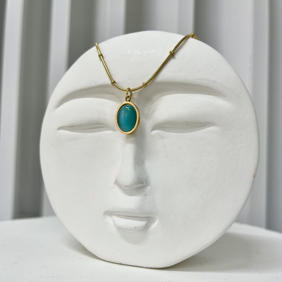 Çelik Kedi Gözü Oval Mavi Kolye