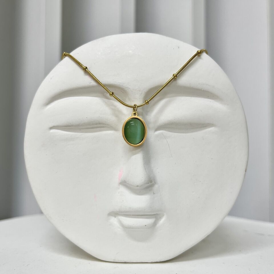 Çelik Kedi Gözü Oval Yeşil Kolye