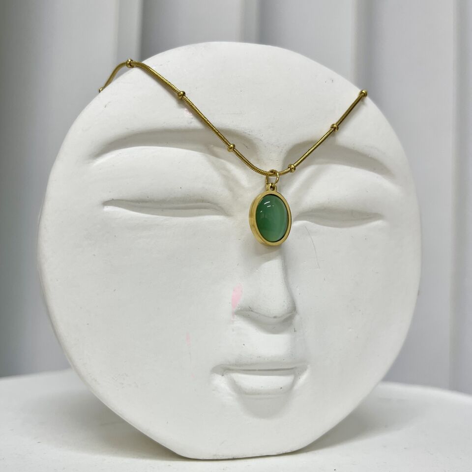 Çelik Kedi Gözü Oval Yeşil Kolye