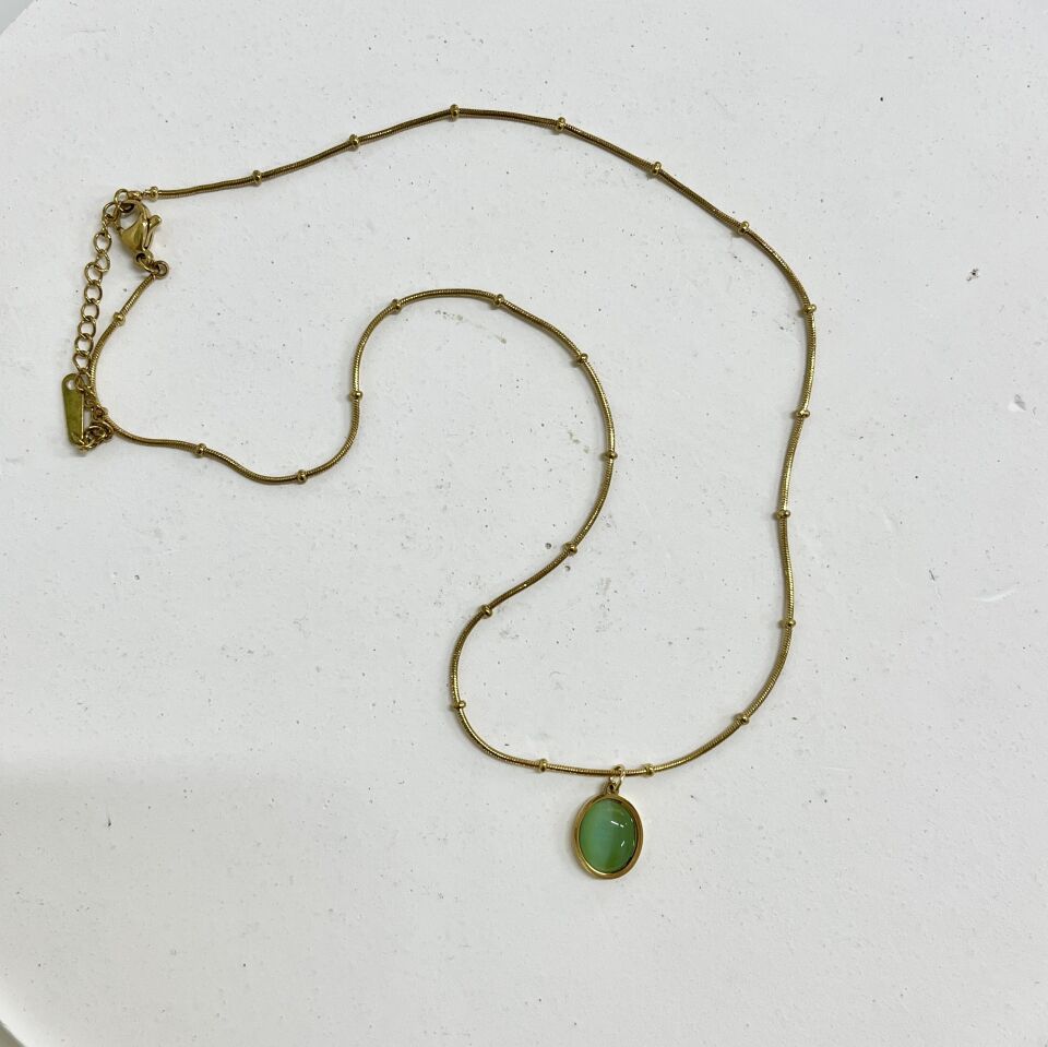 Çelik Kedi Gözü Oval Yeşil Kolye