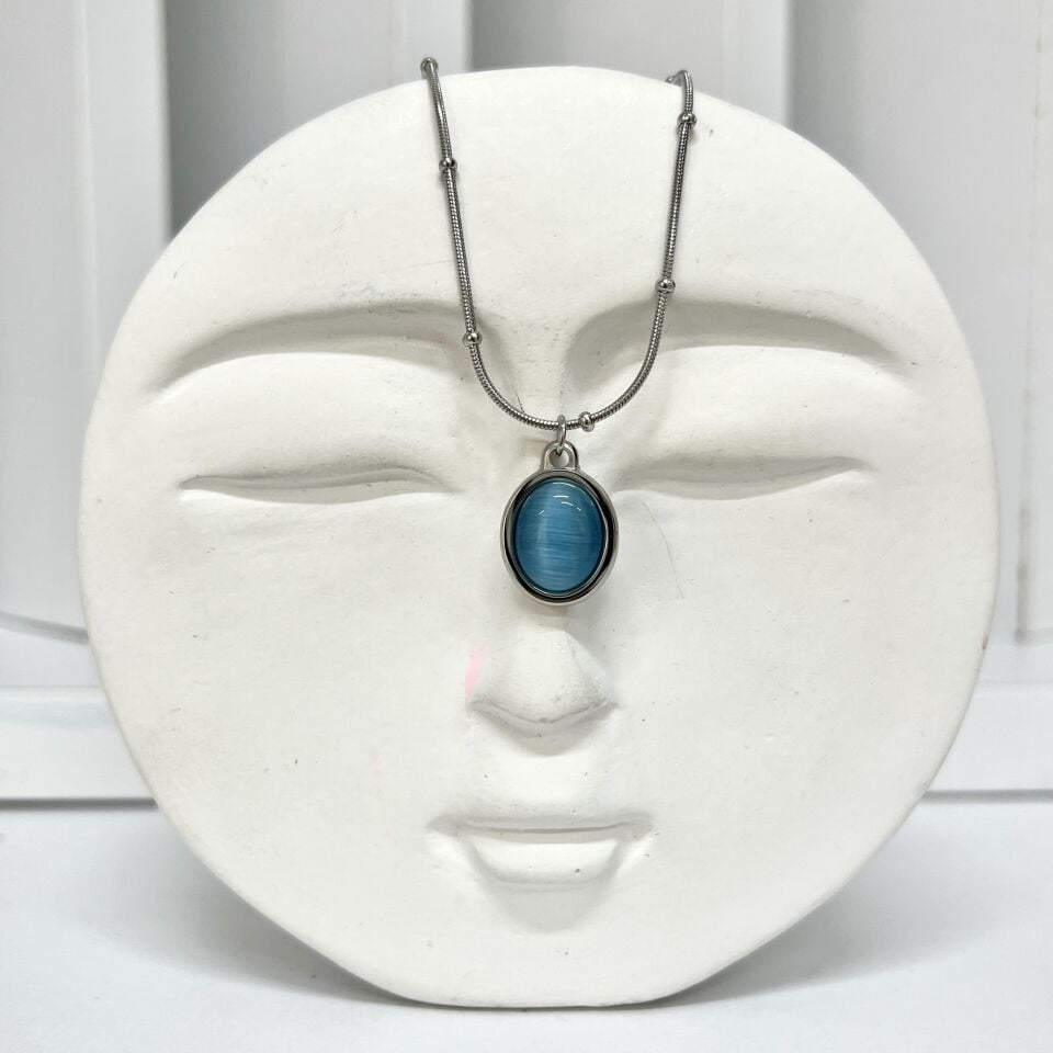 Çelik Kedi Gözü Oval Mavi Kolye