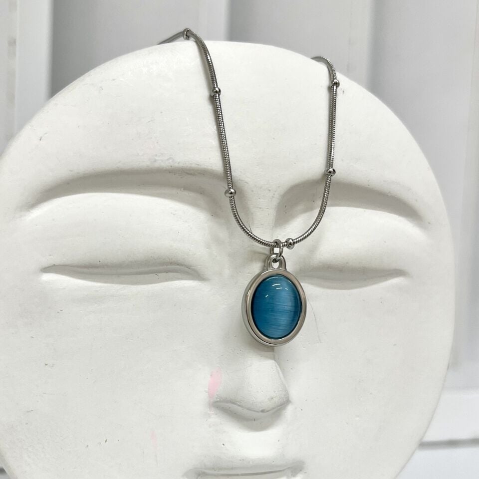 Çelik Kedi Gözü Oval Mavi Kolye