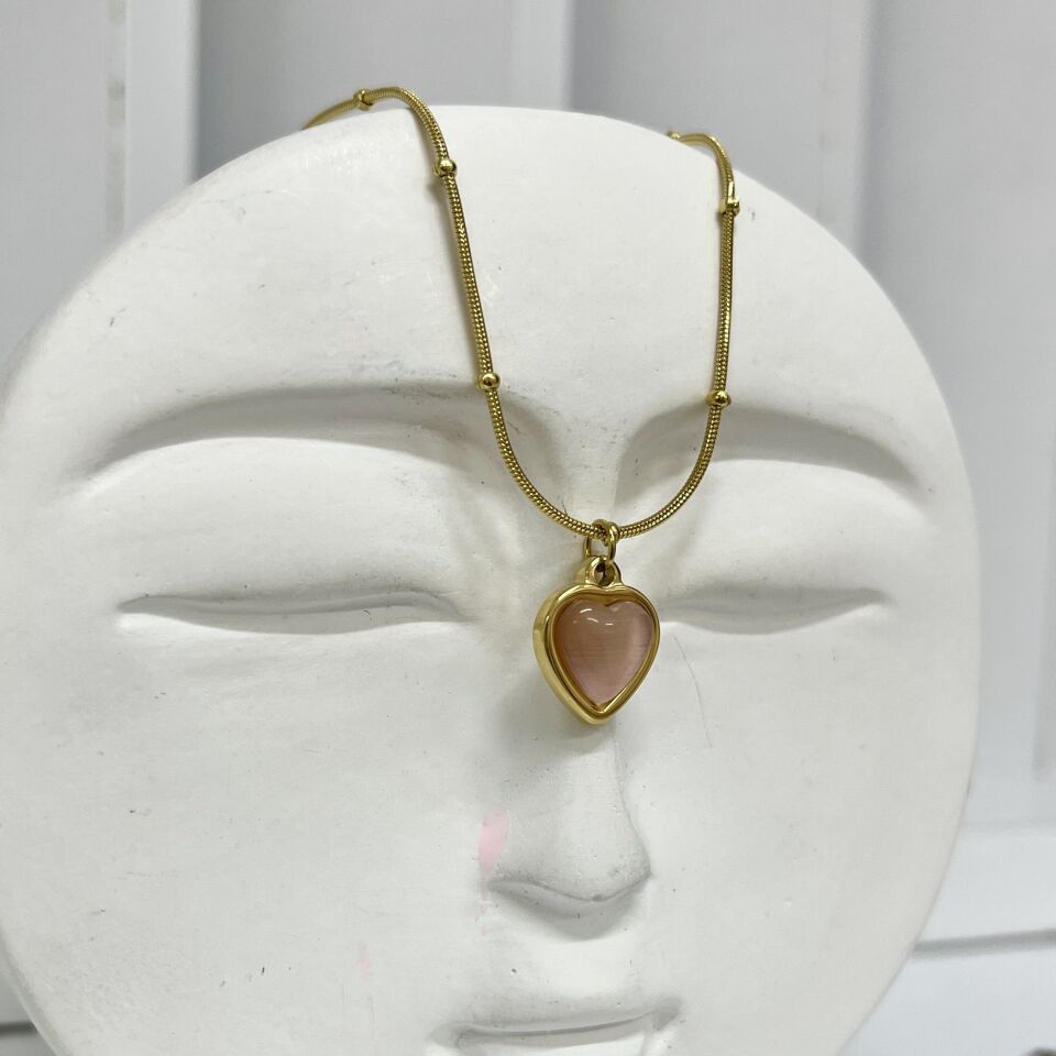 Çelik Kedi Gözü Gül Kurusu Kalp Kolye