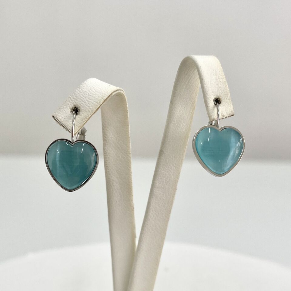 Çelik Kedi Gözü Mavi Kalp Küpe