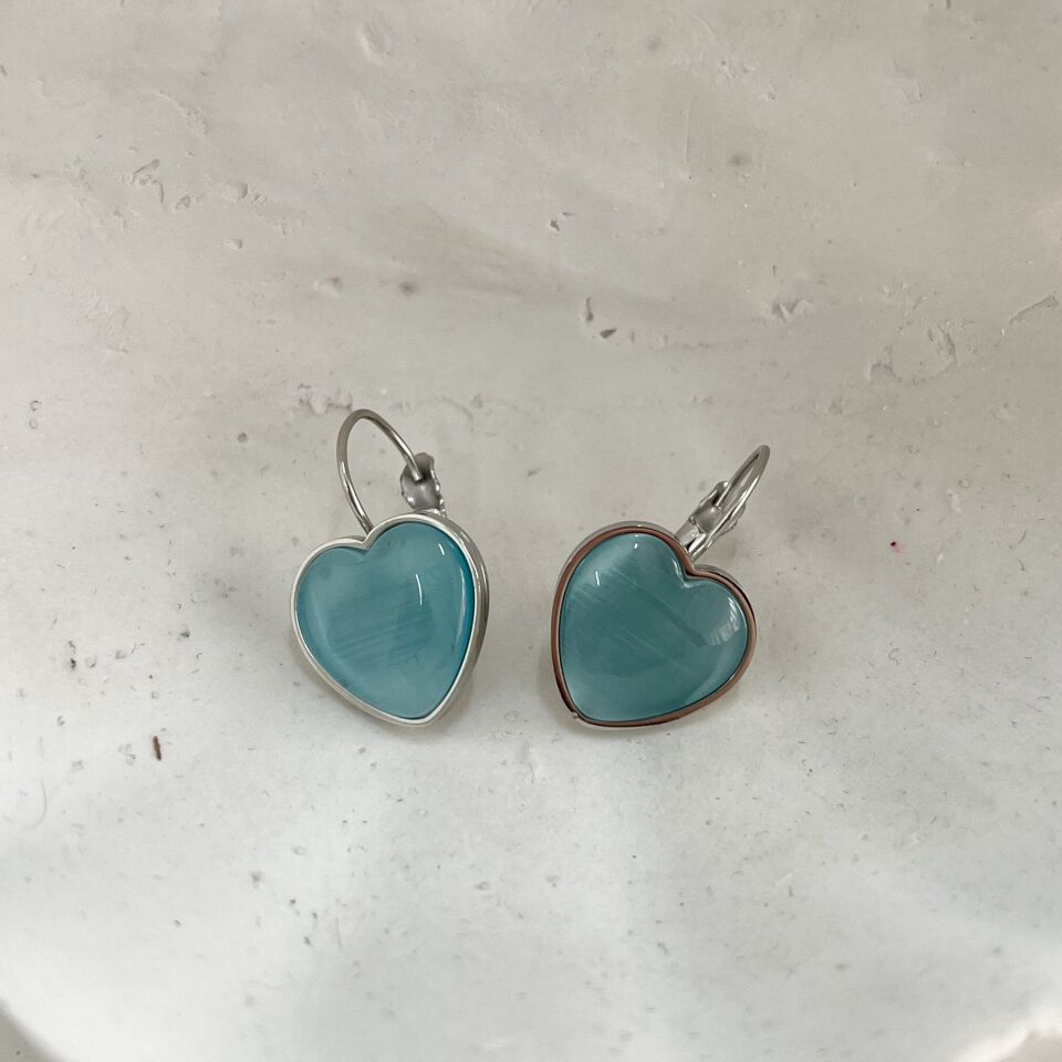 Çelik Kedi Gözü Mavi Kalp Küpe