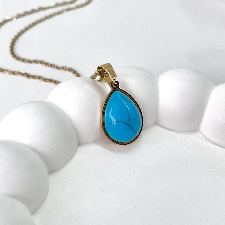 Çelik Turkuaz Taşı Damla Kolye