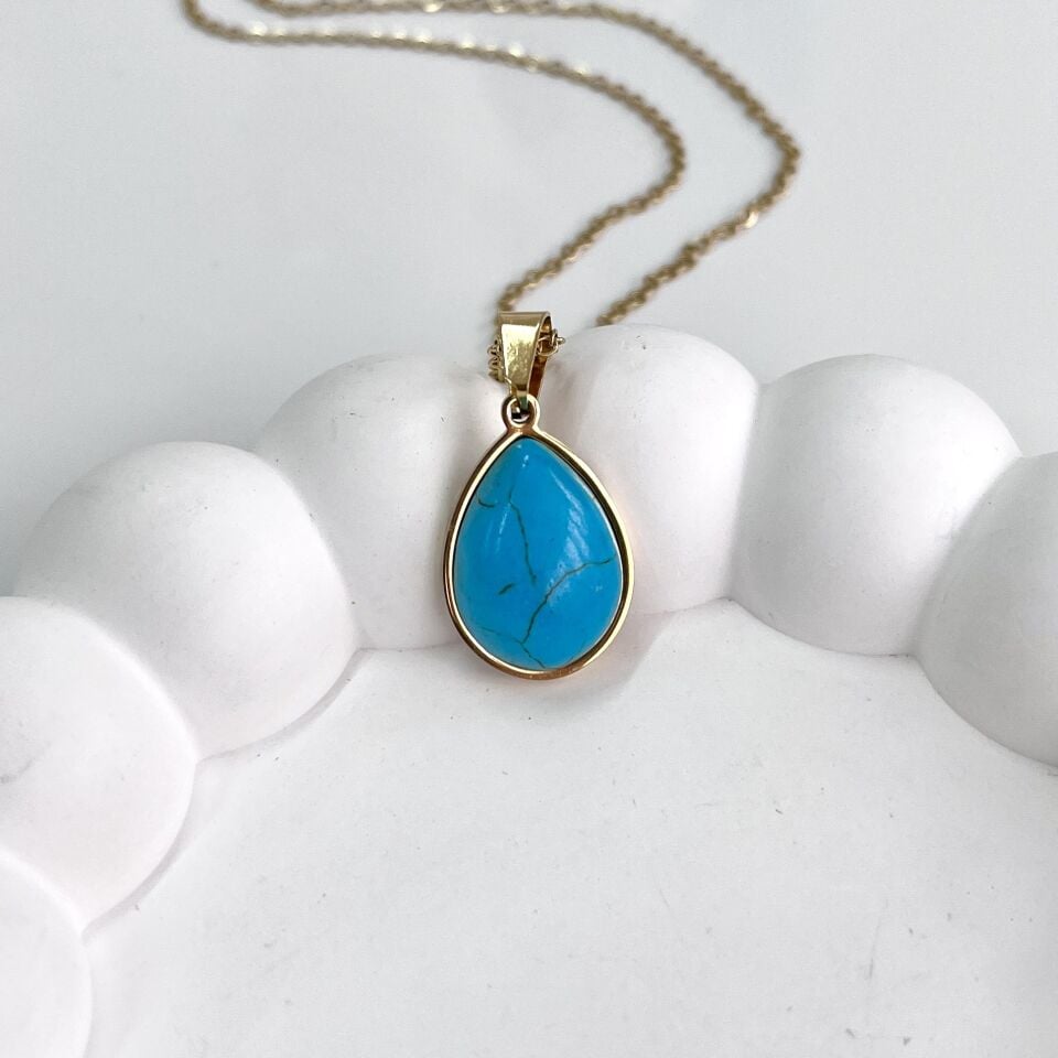 Çelik Turkuaz Taşı Damla Kolye