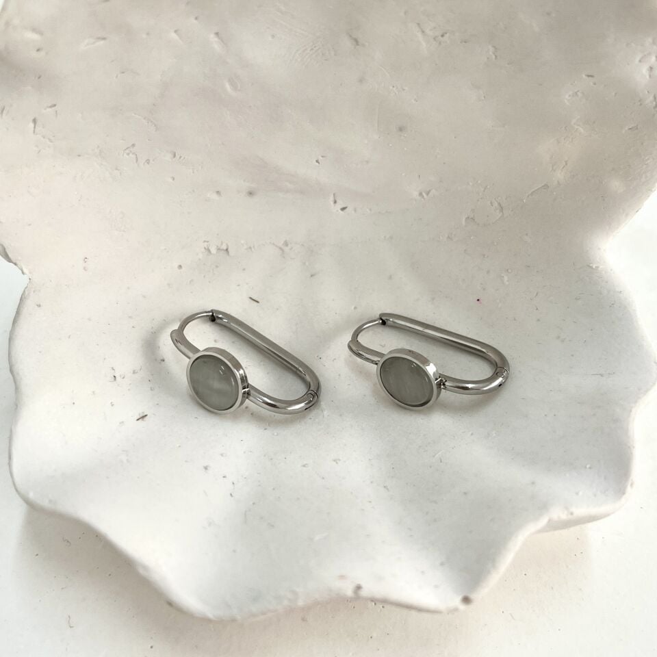 Çelik Kedi Gözü Taşı Gri Küpe