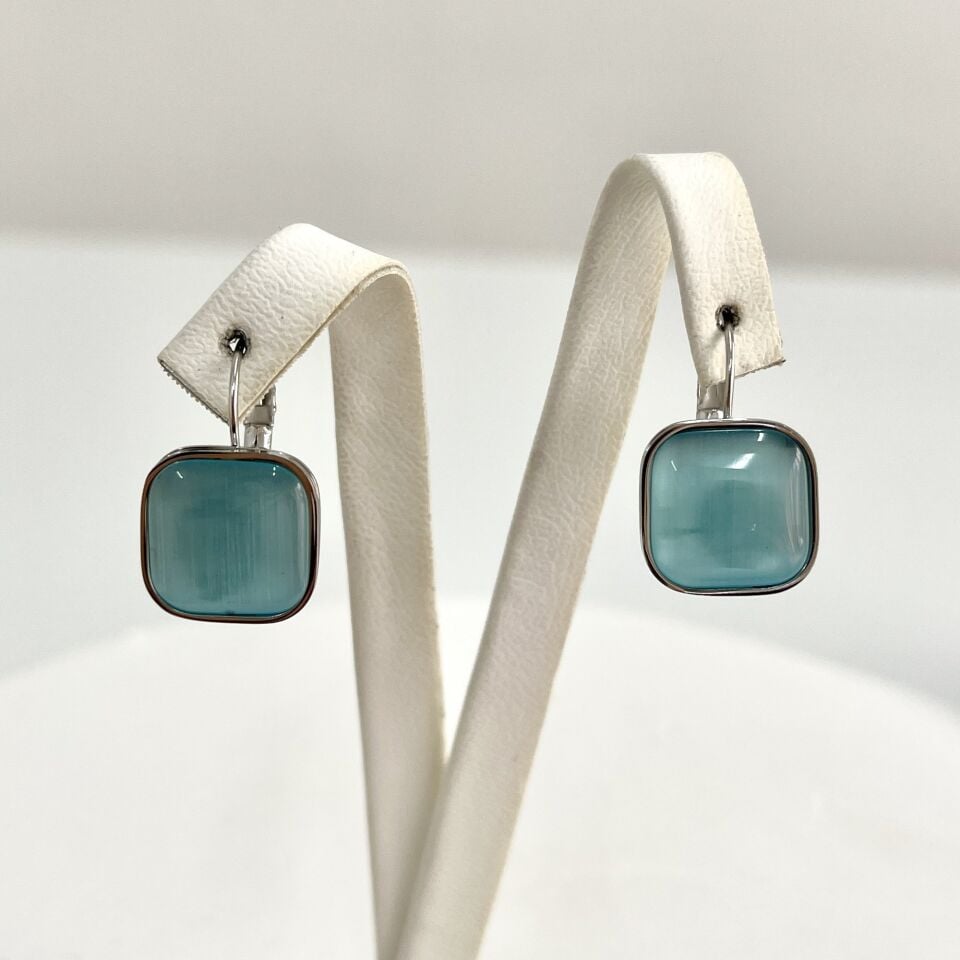 Çelik Kedi Gözü Taşı Kare Küpe