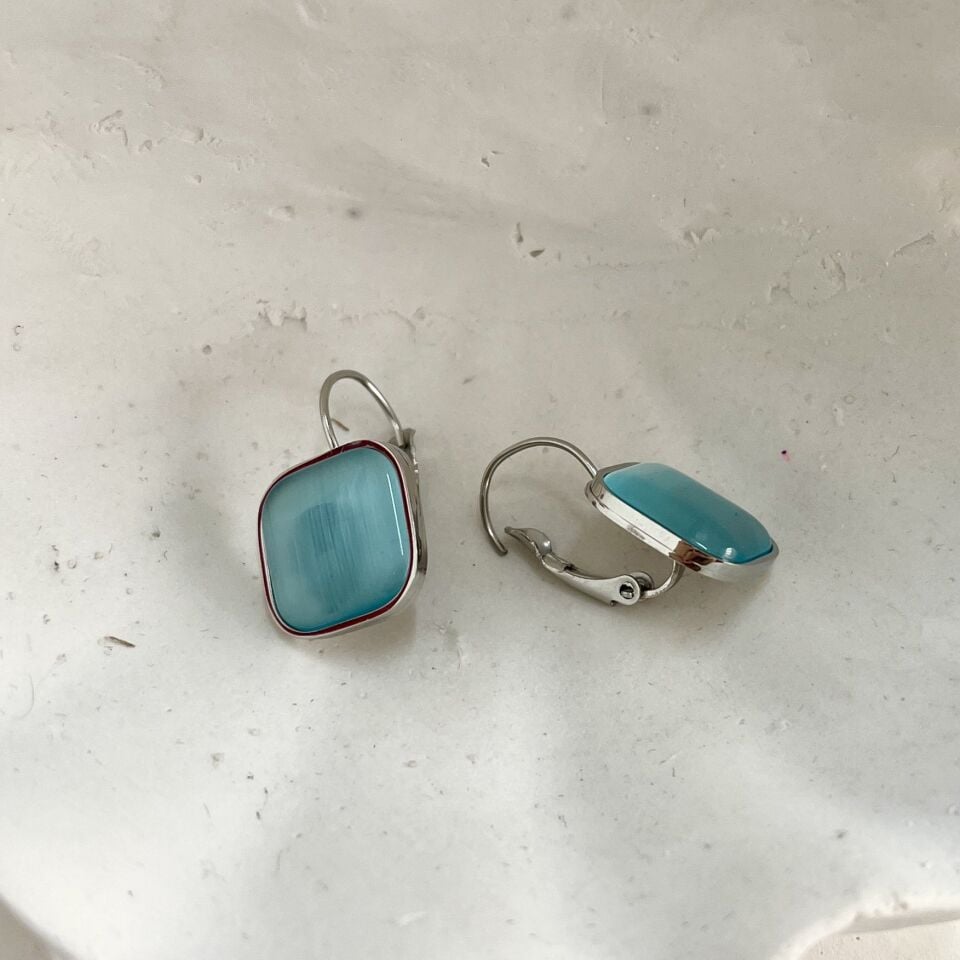 Çelik Kedi Gözü Taşı Kare Küpe