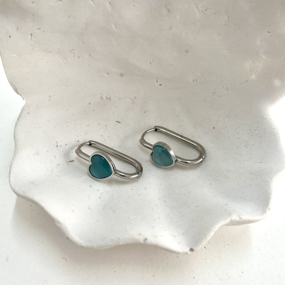 Çelik Kedi Gözü Taşı Kalp Küpe